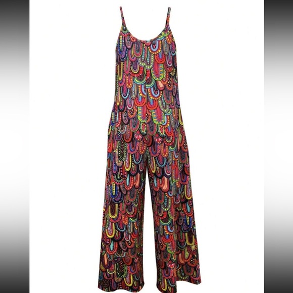 Boho Abstract Geo Print Cami Top Wide Leg Palazzo Pants Jumsuit - Picture 2 of 5